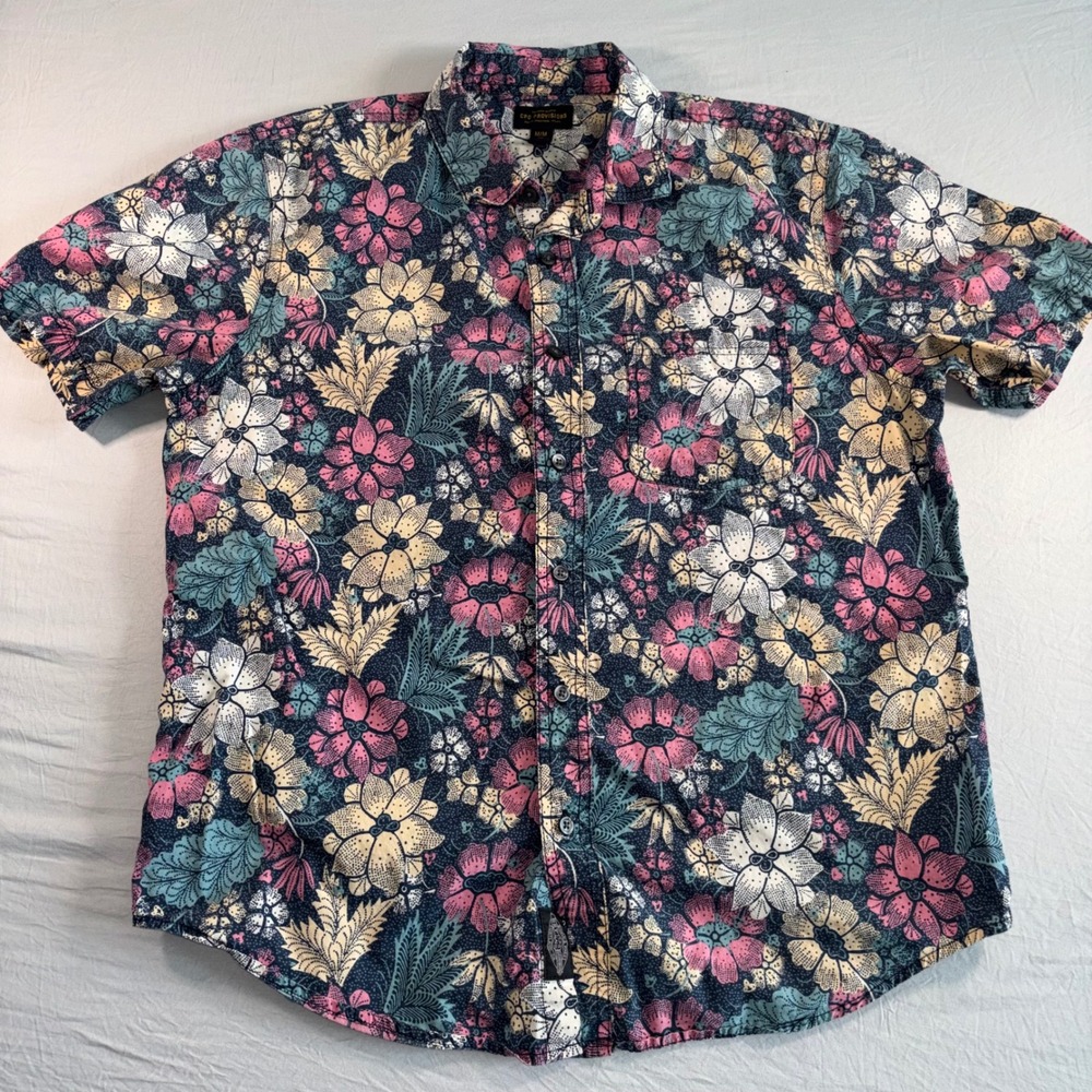 CPO Provisions Mens Medium Floral Short Sleeve Button Down Cotton Shirt Navy